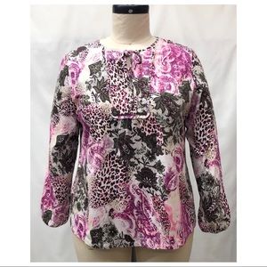 Bend Over Long Sleeve Knit Animal Floral Print Blouse